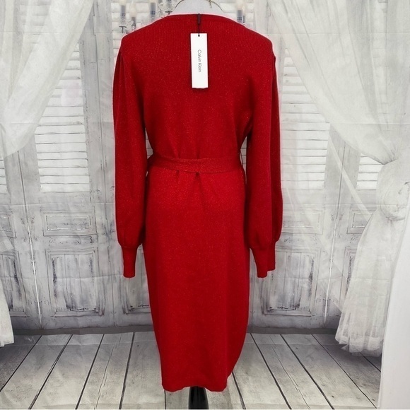 Calvin Klein Red Metallic Tie-Waist Sweater Dress Knit Long Sleeve Pull On NWT - Picture 11 of 16